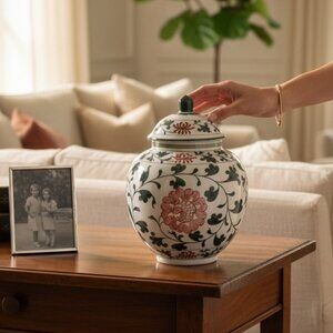 Charming Elegant Antique Taiwanese Ginger Jar with Delicate Pink Roses Design